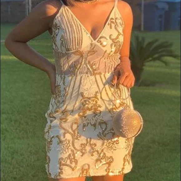 Gold Sheer Strappy Panel Sequin Bodycon Dress